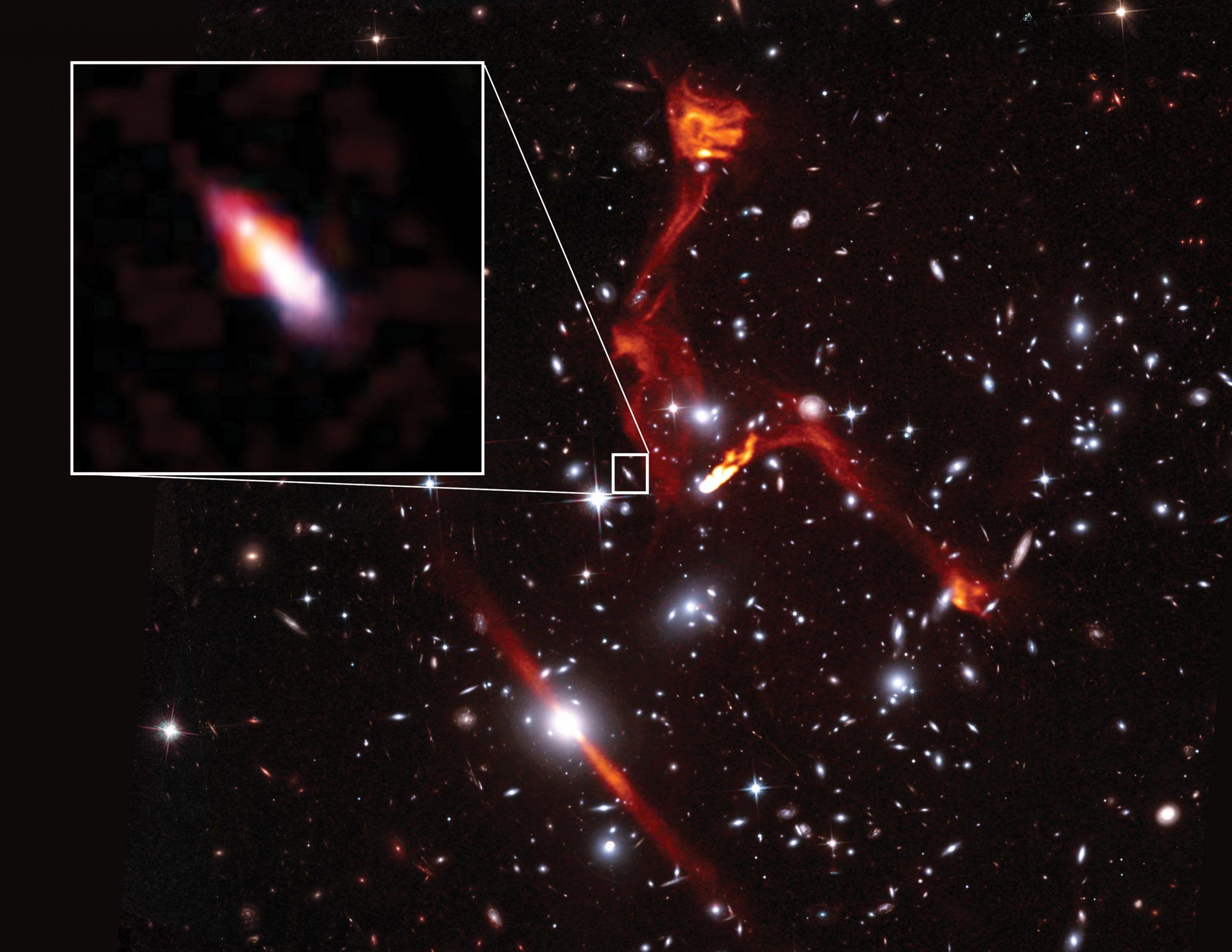 Cosmic Lens Reveals Faint Radio Galaxy More Than 8 Billion Light-Years From Earth