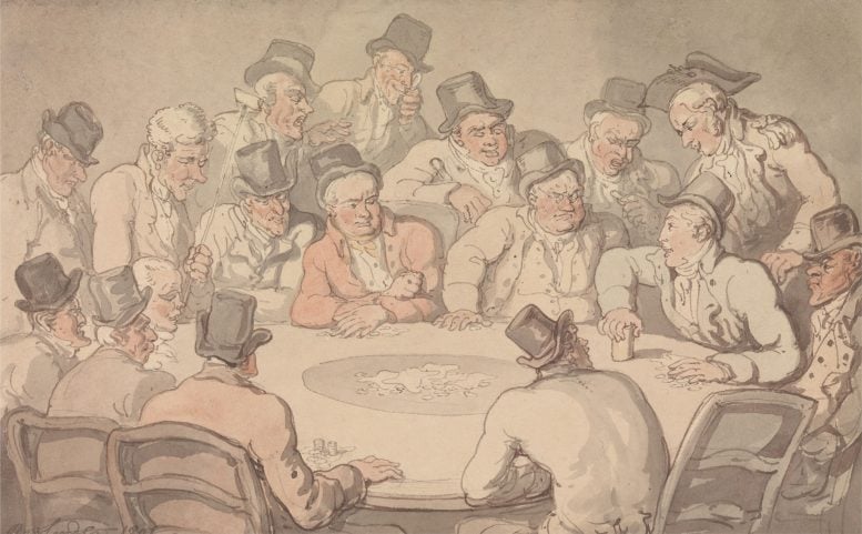 Gentlemen All Wearing Hats at a Gaming Table in Georgian England