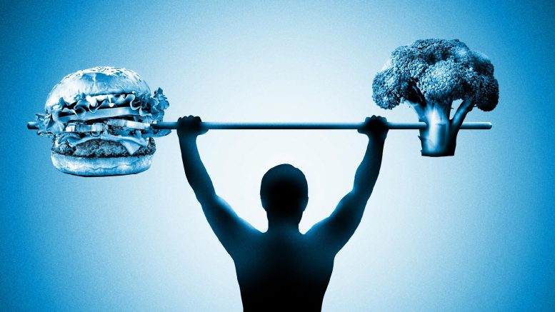 Graphic of Figure Holding Up a Bar Loaded With a Hamburger on One Side and a Sprig of Broccoli on the Other