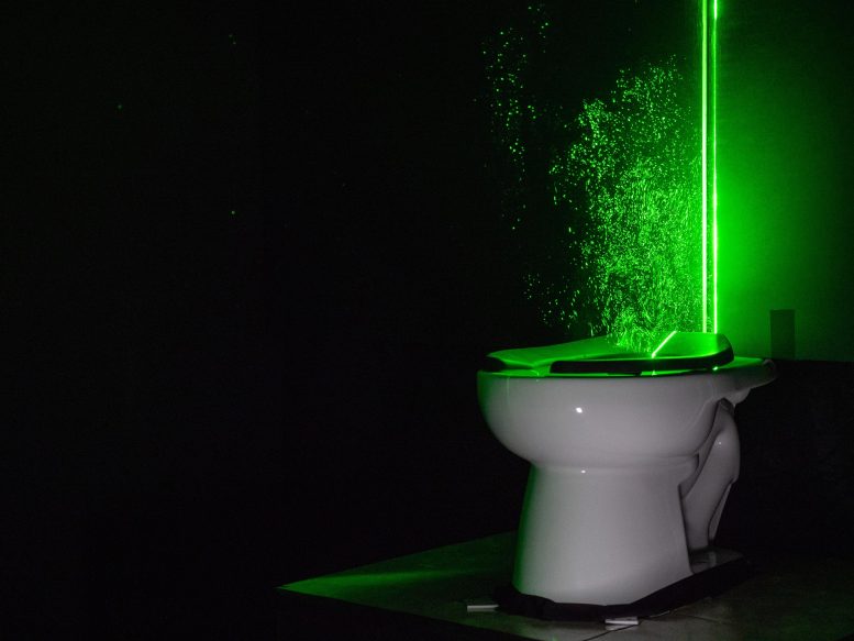 Zelený laser vizualizujte oblaky aerosolu z toalety