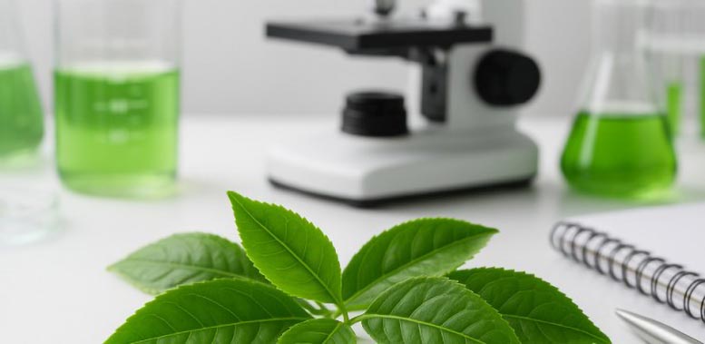 Tanaman hijau dengan peralatan laboratorium