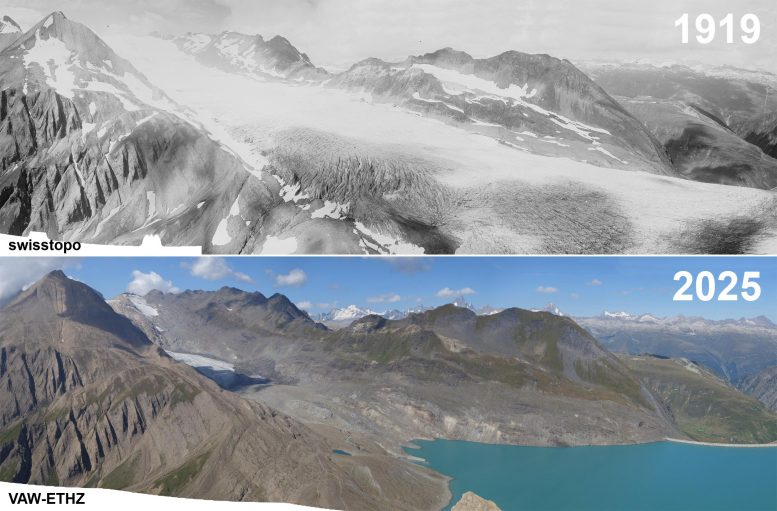 Gries Glacier, Canton Valais, Switzerland, 1919 and 2025 Comparison