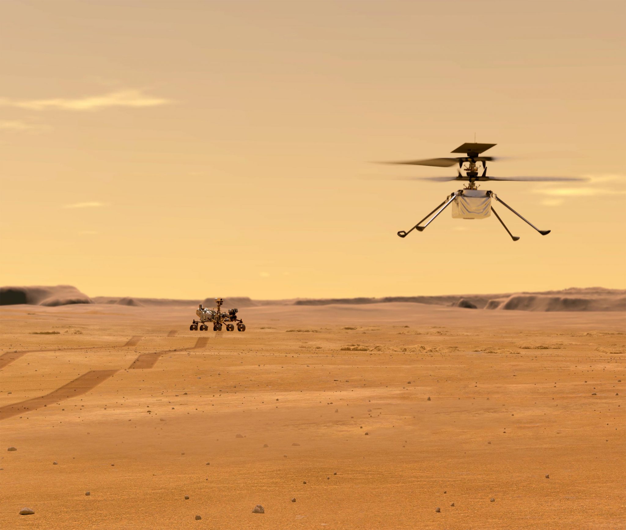 Helicopter over Perseverance on Mars