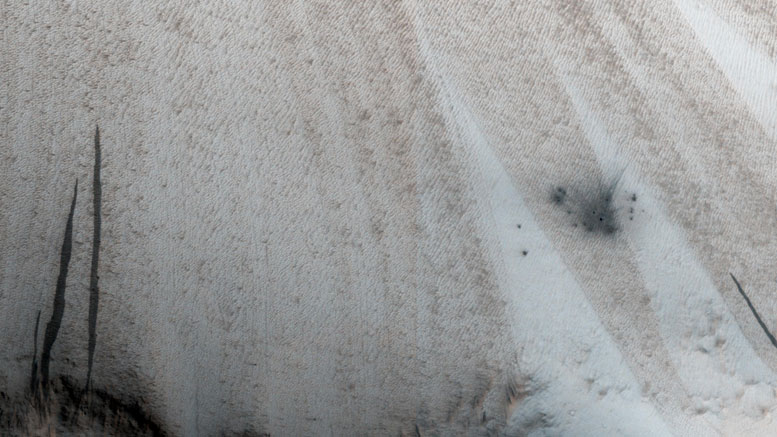 HiRISE Views a New Crater on a Dusty Slope