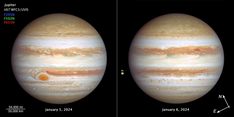 Imagen de la brújula del Hubble en 2024 de Júpiter