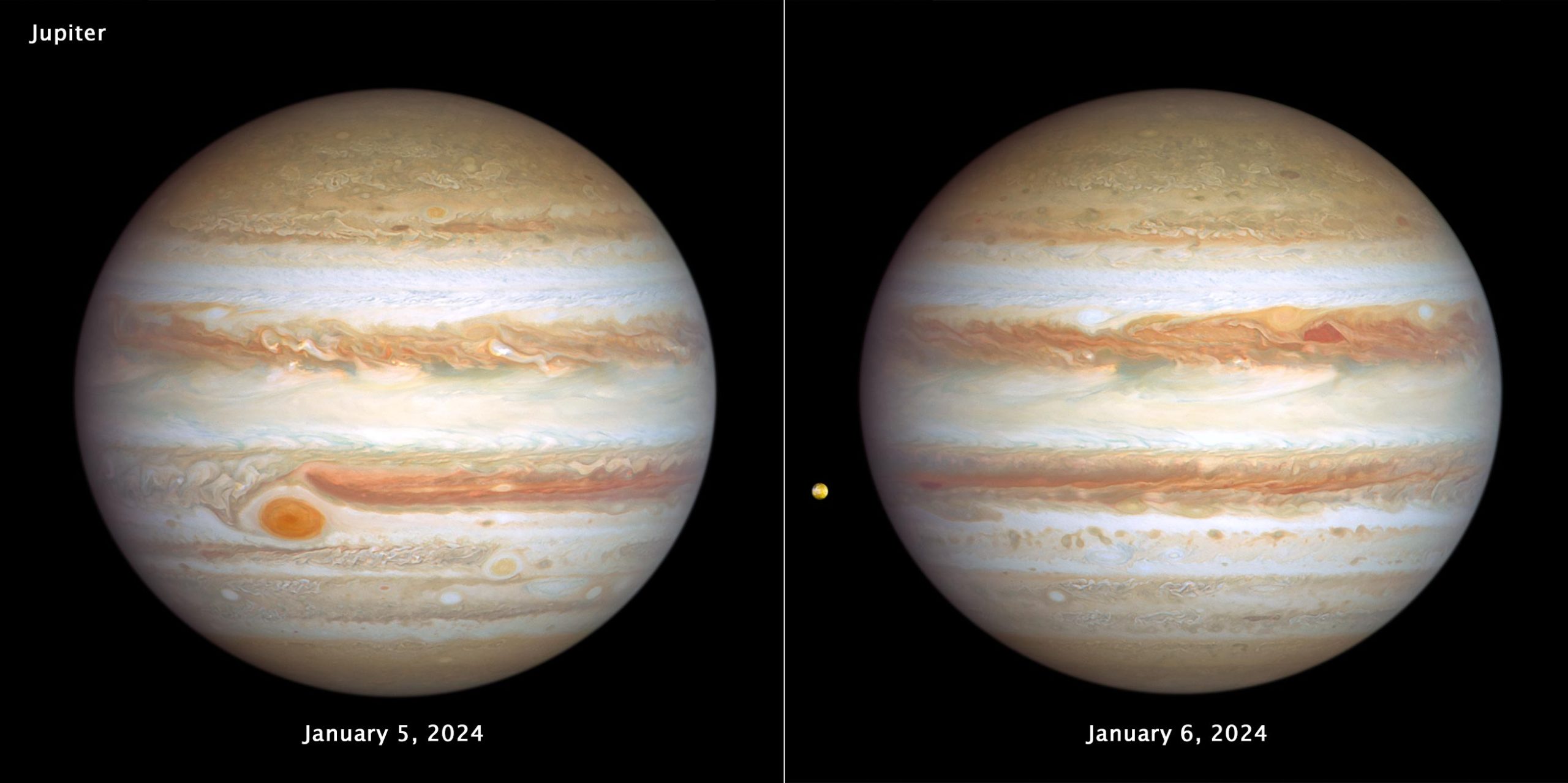 Hubble zachytil burácející bouře obra a sopečný měsíc Io