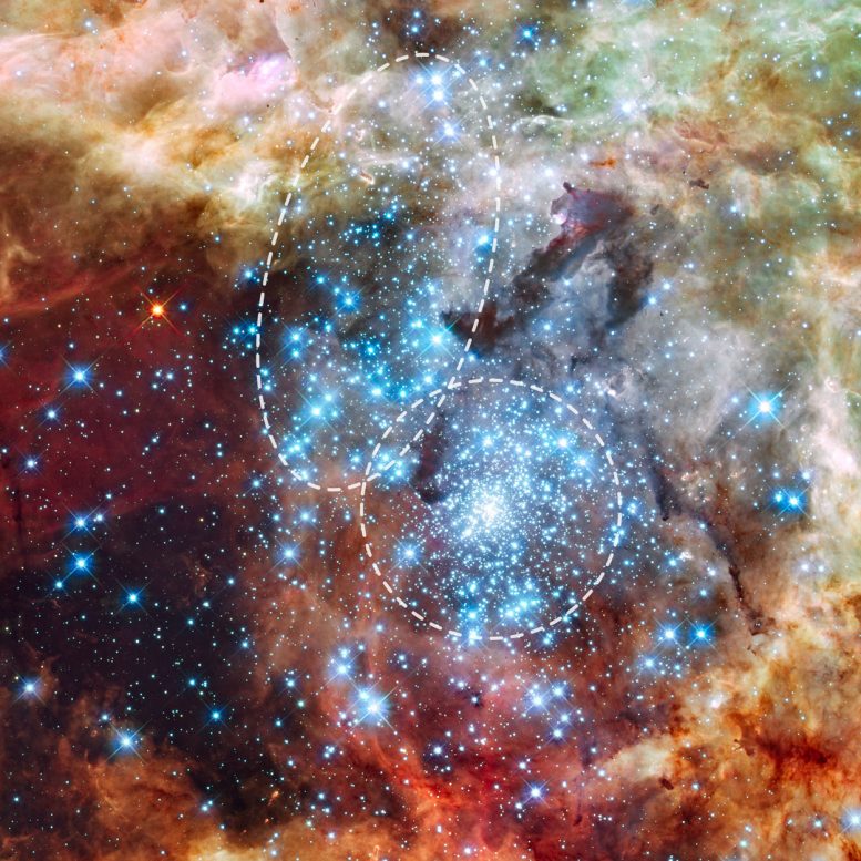 Hubble image of a pair of star clusters in the early stages of merging
