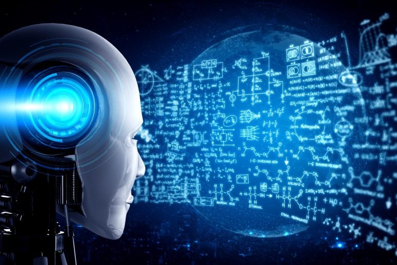 Humanoid AI Robot Hologram Screen Math Formulas Physics Problems