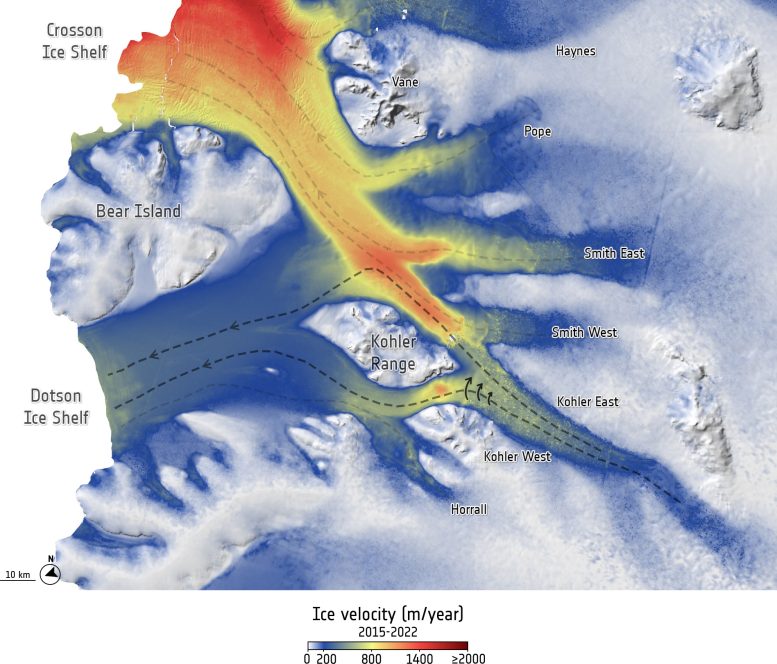 Ice Velocity and Redirected Flow in West Antarctica Glaciers Feeding Crosson and Dotson Ice Shelves (2015–2022)