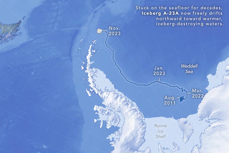 Mapa do caminho do Iceberg A-23A