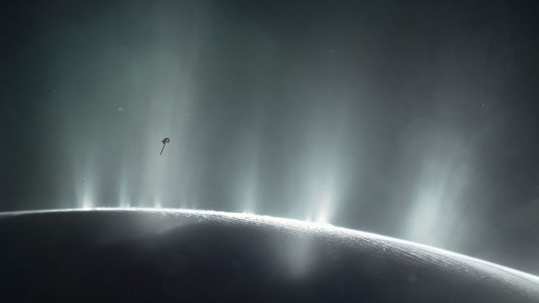 Illustration Shows Cassini Diving Through the Enceladus Plume