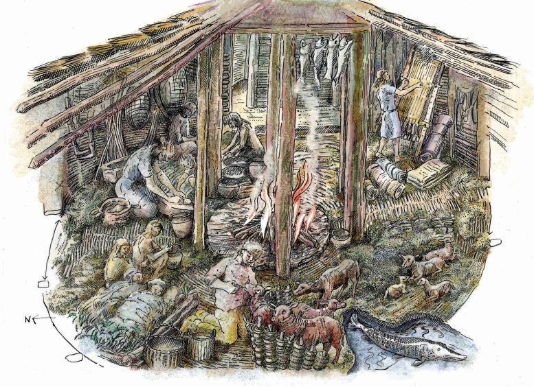 Illustration of Domestic Life Inside One of the Roundhouses