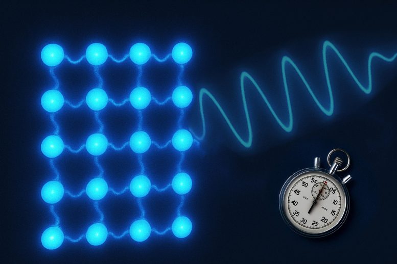 Illustration of Quantum Particle Lattice With Stopwatch and Wave