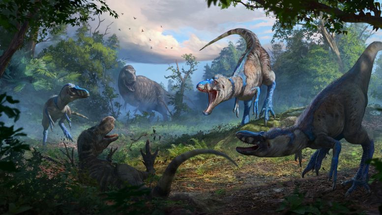 Illustration of a Pack of Nanotyrannus Attacks a Juvenile T. rex