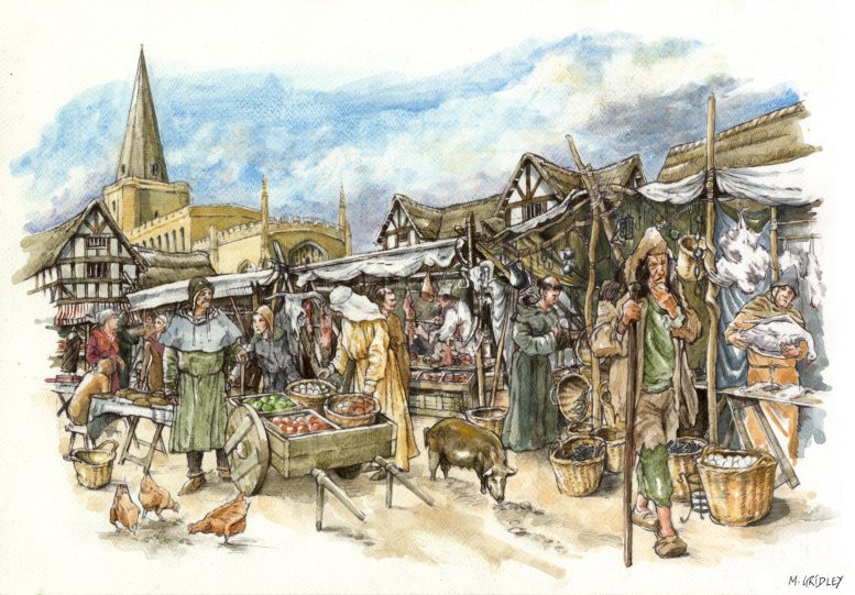 Illustration of the Market Place in Medieval Cambridge