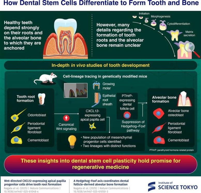 Infographic showing how dental stem cells differentiate to form teeth and bones