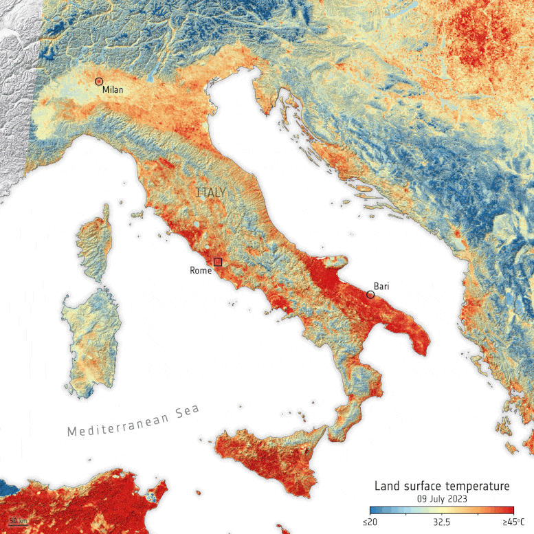 Температура поверхности земли в Италии, июль 2023 г.