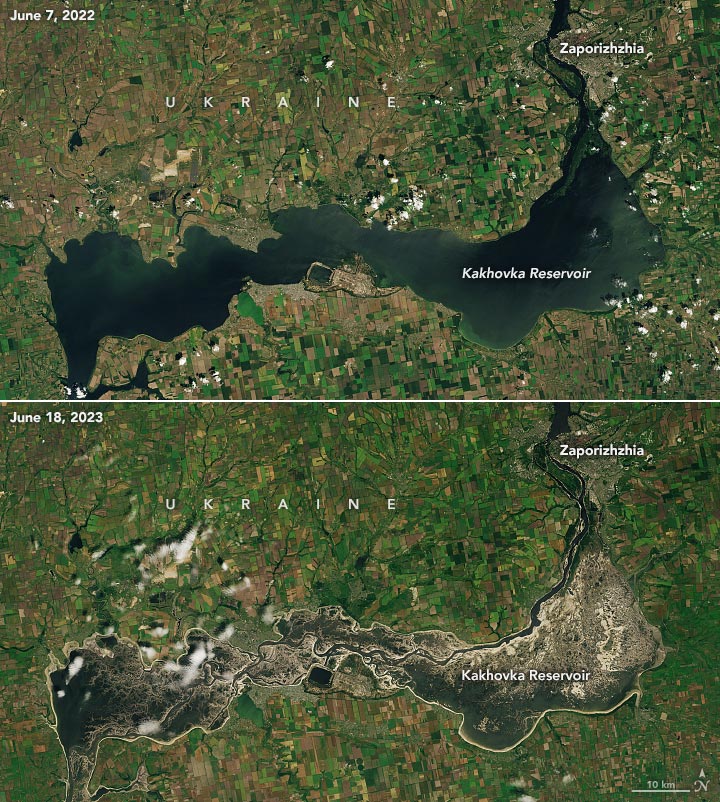 Kakhovka Reservoir 2022 2023 Comparison Annotated