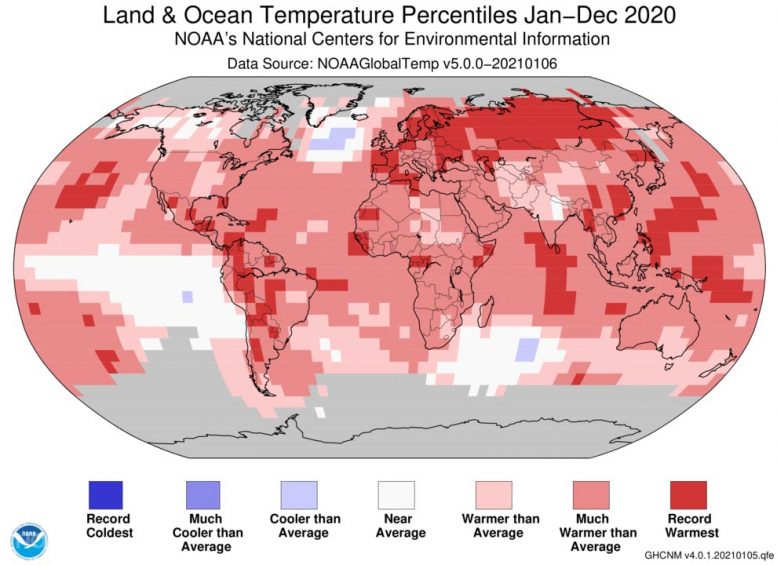 Land and Ocean Temperature Percentiles 2020