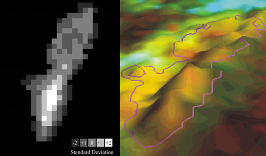 Landsat pixel-based map showing where the most change has been detected on Caryfort Reef