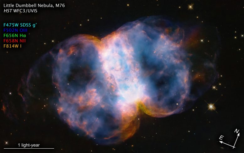 The Small Dumbbell Nebula (M76) is annotated