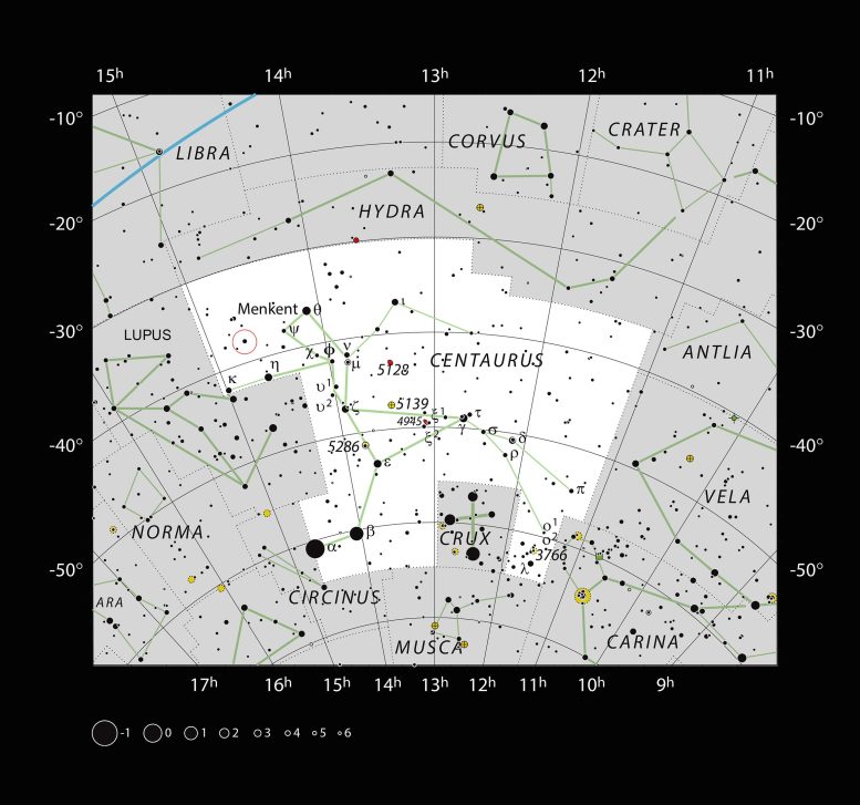B Centauri'nin Erboğa Takımyıldızı'ndaki konumu