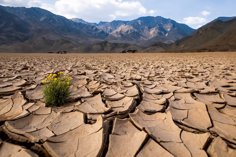 Lone Wild Flower Death Valley Desert Mountains Dry Cracked Soil