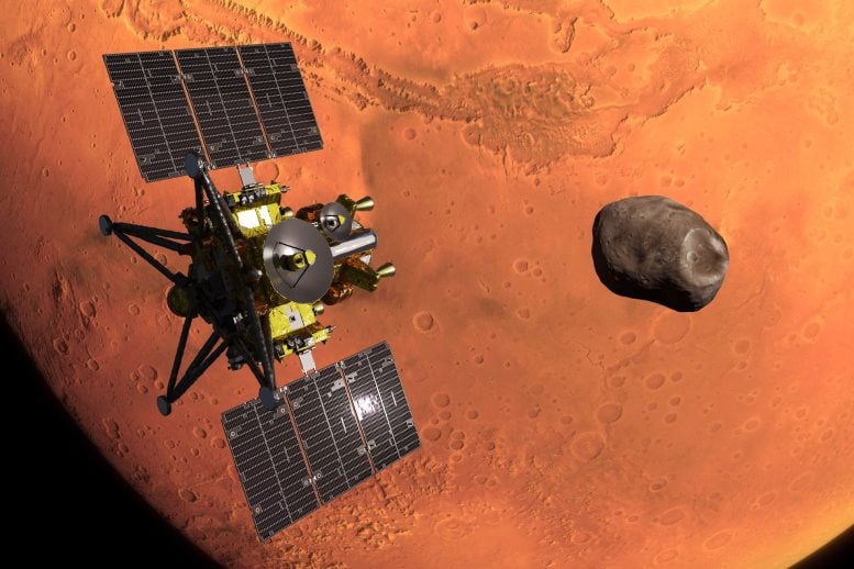 MMX Spacecraft Approaching Mars and Phobos