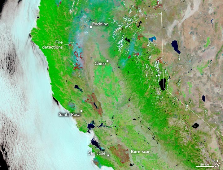 MODIS False Color California Burn Scars August 2020 Annotated
