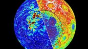 Magnetic field intensity (left) and topography (right) of the moon