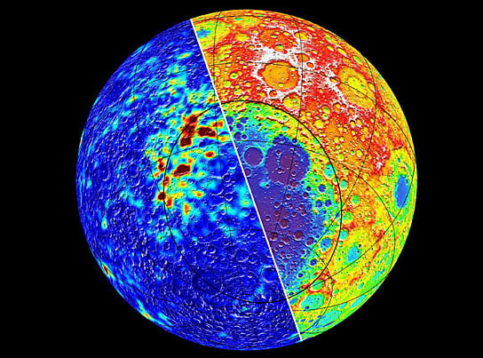 Magnetic field intensity (left) and topography (right) of the moon