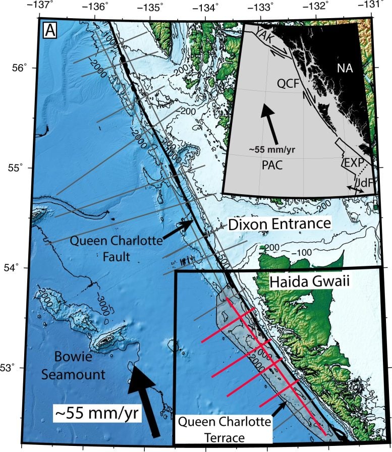 Para ilmuwan mengungkapkan megathrust tersembunyi yang dapat memicu gempa besar 1 Peta yang menunjukkan kesalahan ratu Charlotte dan pelat tektonik di sekitarnya