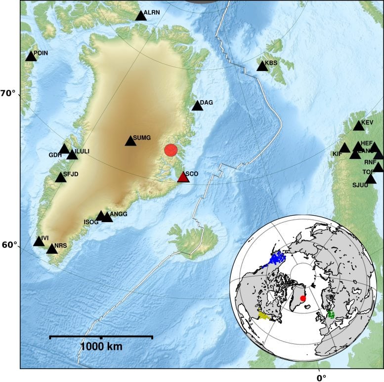 Map showing the fjord and nearby seismic stations