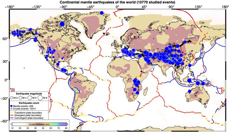 Map of Continental Mantle Earthquakes