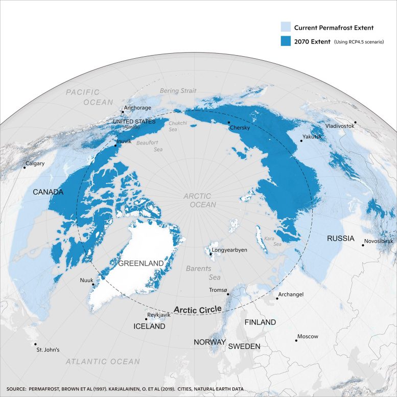 Mapa da extensão atual do permafrost vs. extensão do permafrost 2070