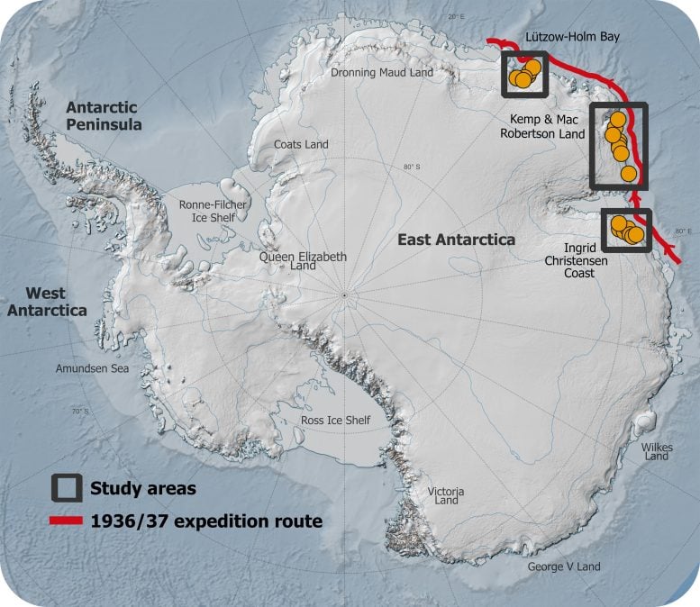 Karte der historischen Expedition in die Antarktis