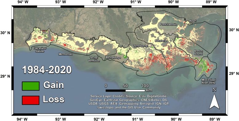 Map of Land Change in Coastal Louisiana