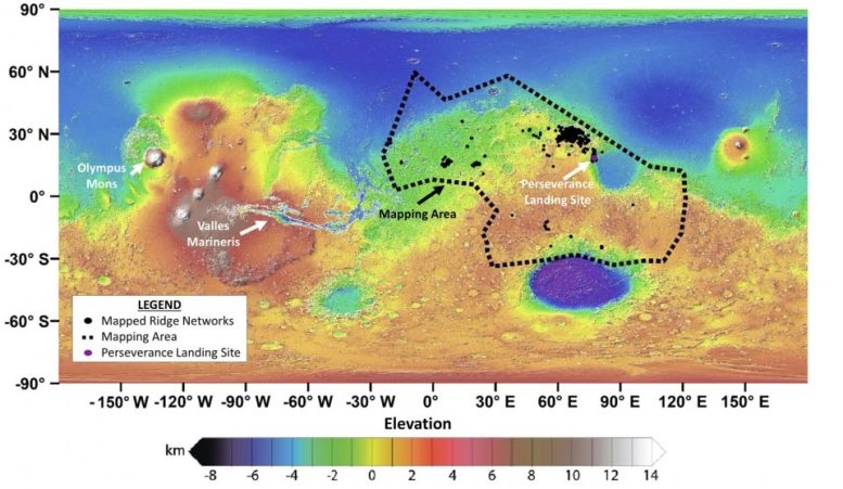 Map of Polygonal Ridge Network on Mars