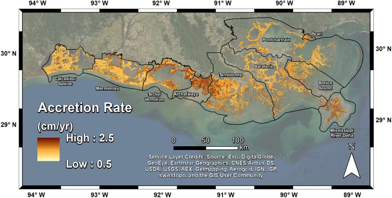Map of Soil Accretion in Coastal Louisiana