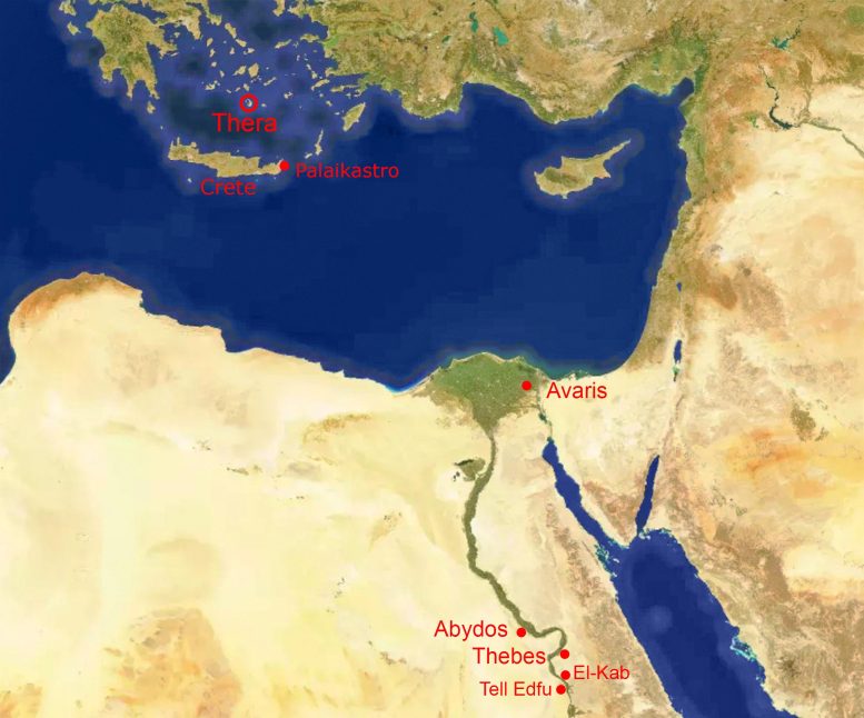 Map of Thera Eruption Sites and Key Egyptian Locations