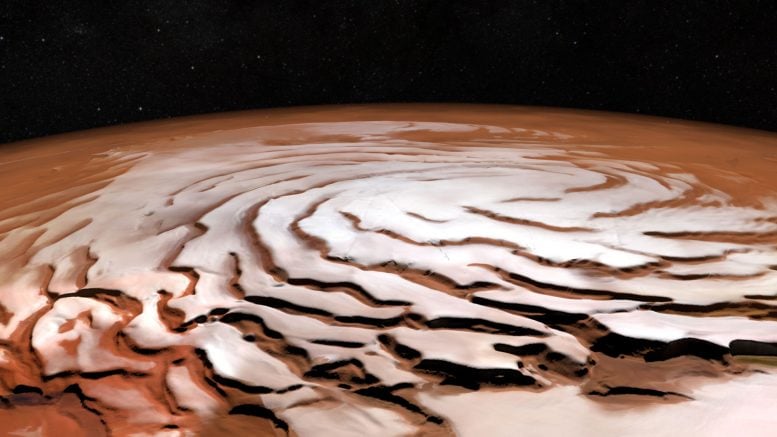 Mars Express observa a calota de gelo do pólo norte do planeta vermelho