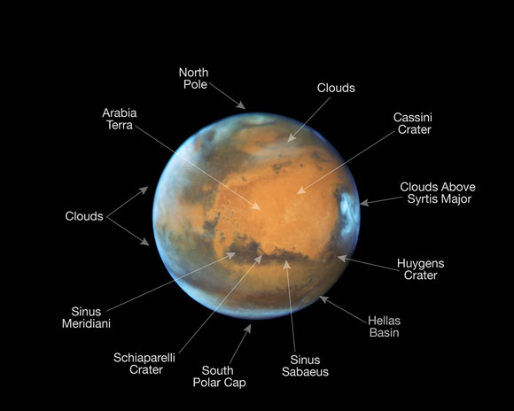 Mars in Opposition 2016 Hubble Image Annotated