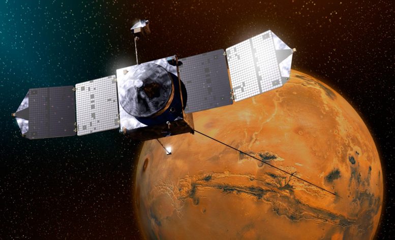 The MAVEN spacecraft orbits Mars