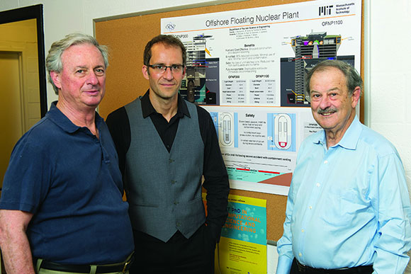 Left to right: Michael Golay and Jacopo Buongiorno of MIT's Department of Nuclear Science and Engineering (NSE) and Neil Todreas of NSE and the Department of Mechanical Engineering are designing a floating nuclear plant that could provide enhanced safety, easier siting, and centralized construction — and could be deployed in time to play a critical role in a low-carbon energy future.