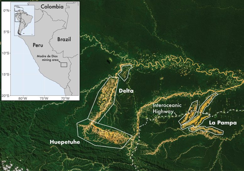 Mapa da área de mineração em Madre De Dios Peru