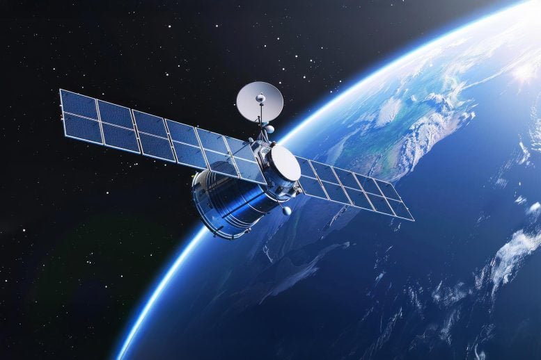 Modern Space Telecommunications Satellite Orbiting Earth