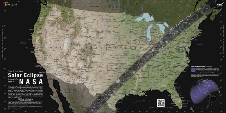 NASA-kaart van de totale zonsverduistering van 2024 in de Verenigde Staten