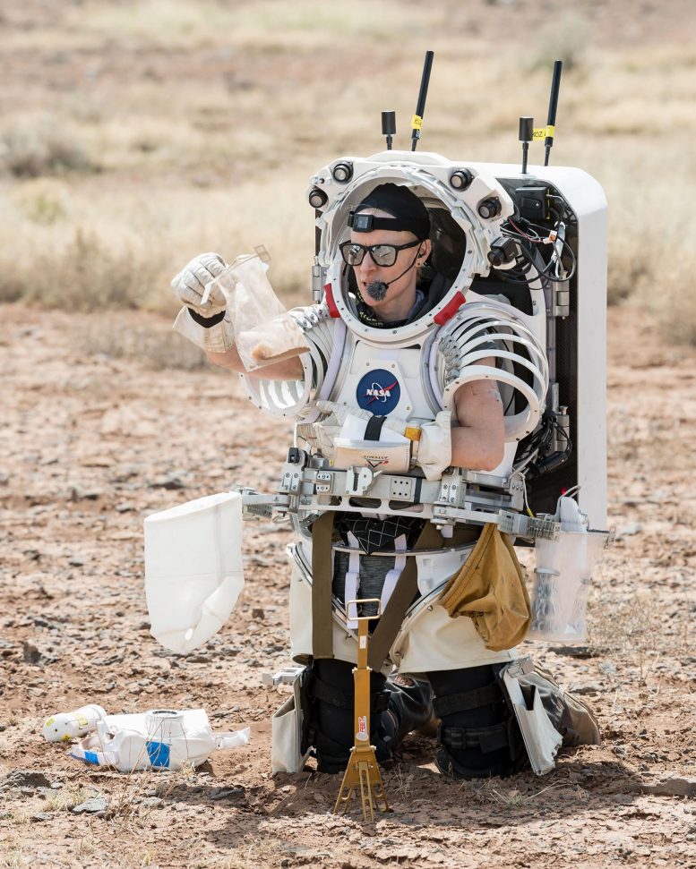 NASA 우주비행사 케이트 루빈스가 지질학 샘플을 관찰하다