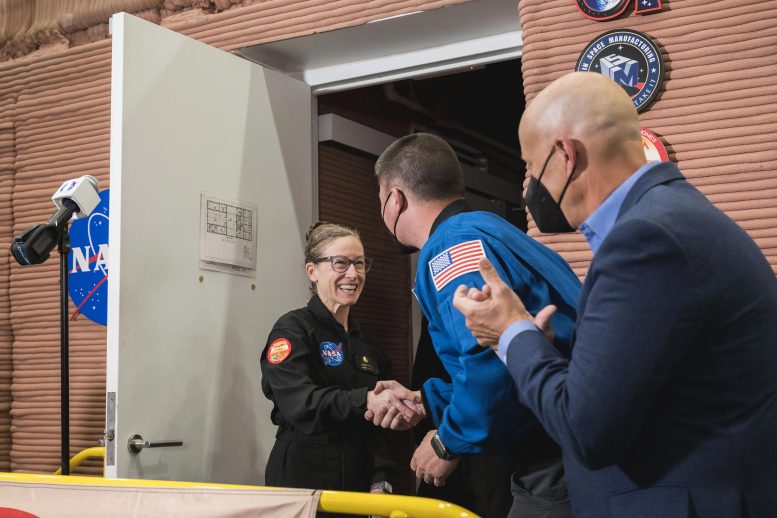 NASA CHAPEA crew member Kelly Haston greets Kjell Lindgren and Stephen Koerner