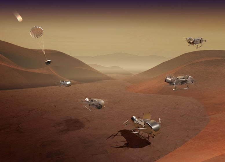 NASA Dragonfly Rotorcraft During Titan Landing Sequence